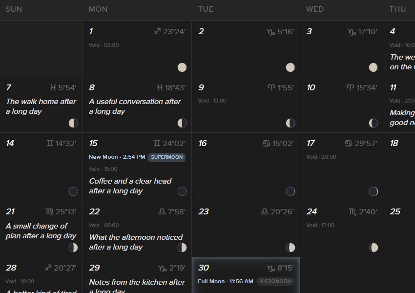 Soljourn moon calendar